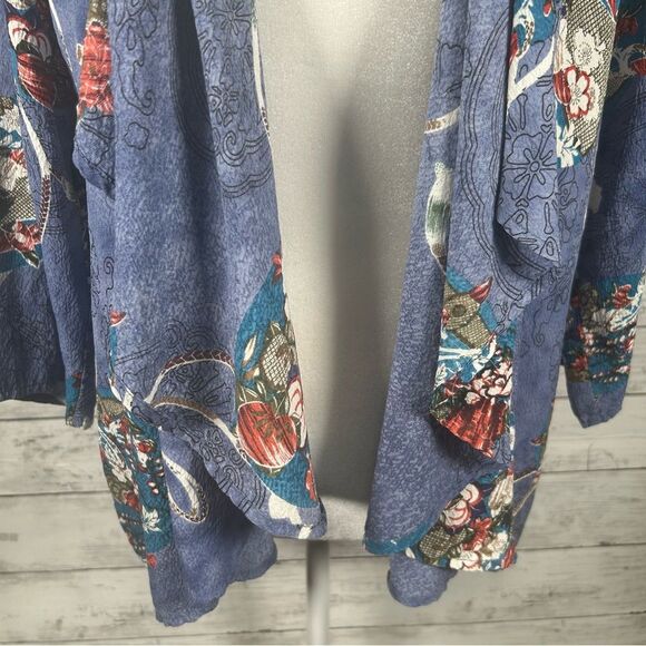 Citron Santa Monica Smoke Blue Floral Open Front Silk Jacket Size Medium Petite - Picture 6 of 8